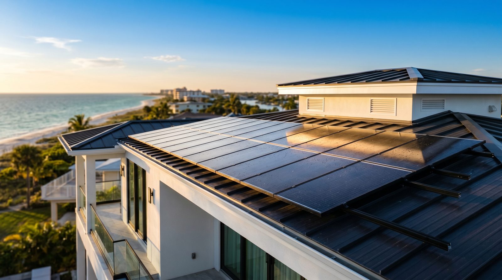 Spotless solar panels on a Florida coastal home at golden hour