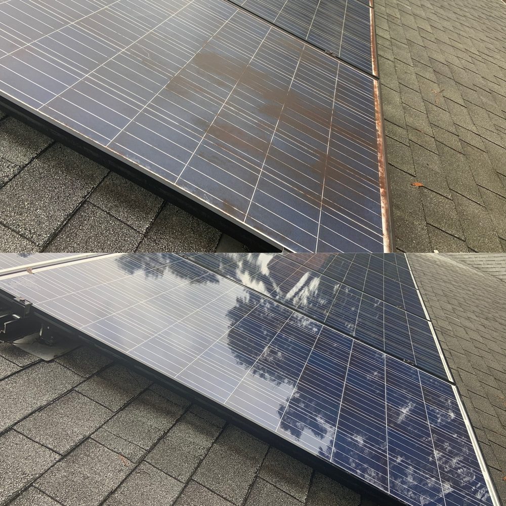A real customer result: dirty solar panels on top, spotless panels below after cleaning