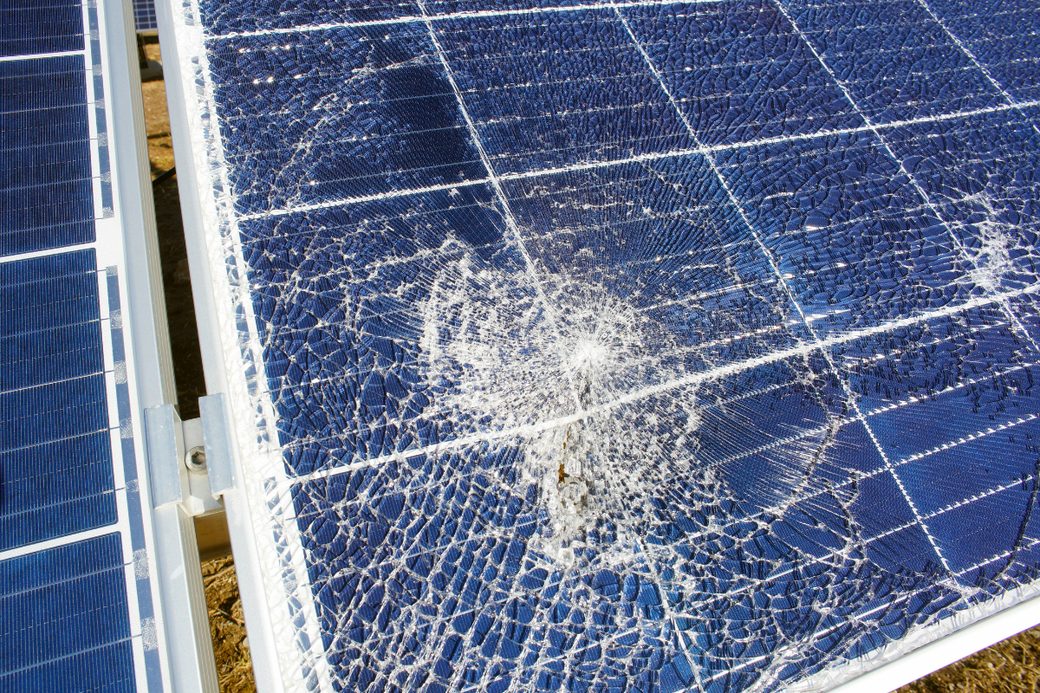 A cracked solar panel, the kind of damage our inspection catches early